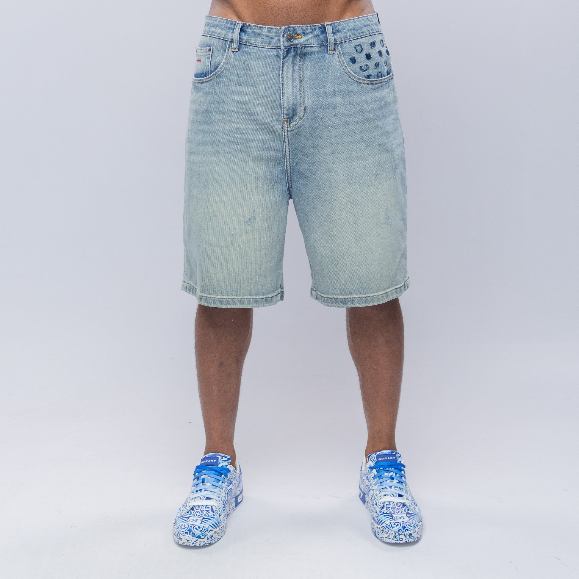 Bogart Crest Monogram Ice Wash Denim Shorts