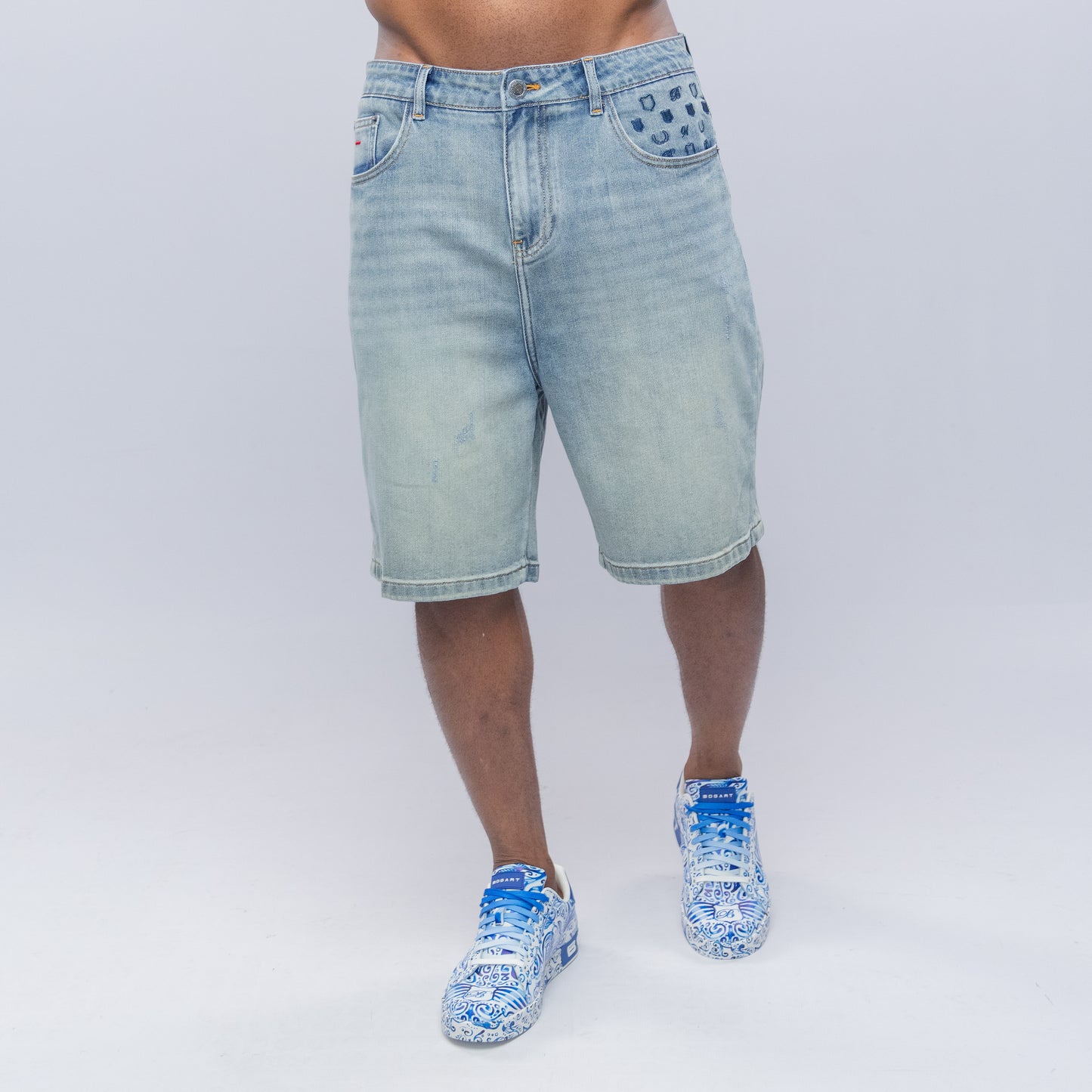 Bogart Crest Monogram Ice Wash Denim Shorts