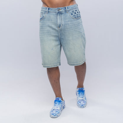 Bogart Crest Monogram Ice Wash Denim Shorts