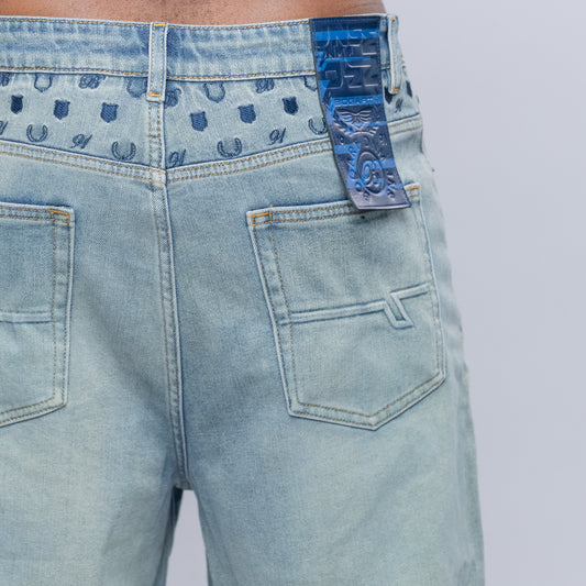Bogart Crest Monogram Ice Wash Denim Shorts