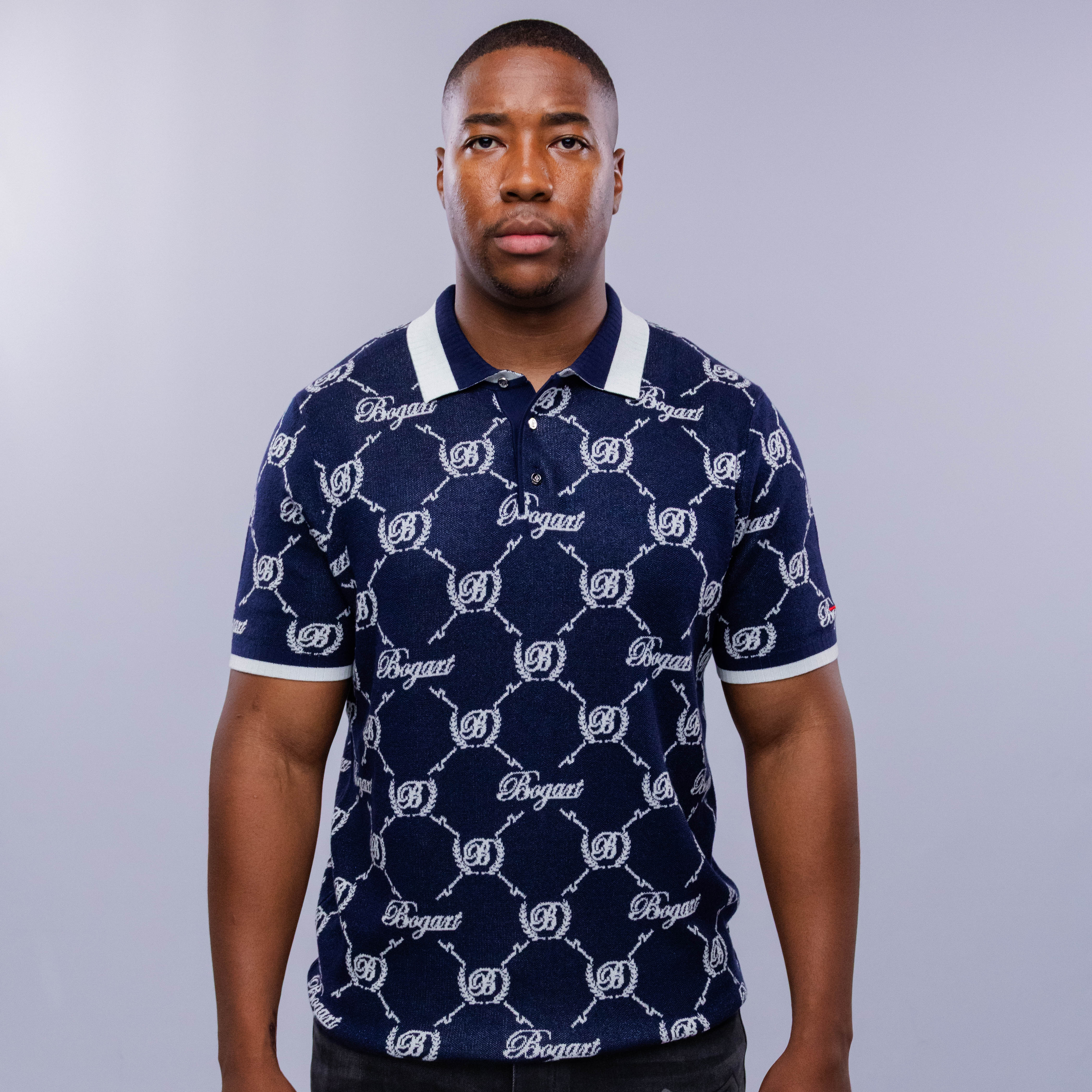 【新品】8gshoot LOGO JACQUARD KNIT POLO ネイビー Bogart Monogram Jacquard Knit Polo | Bogart Man