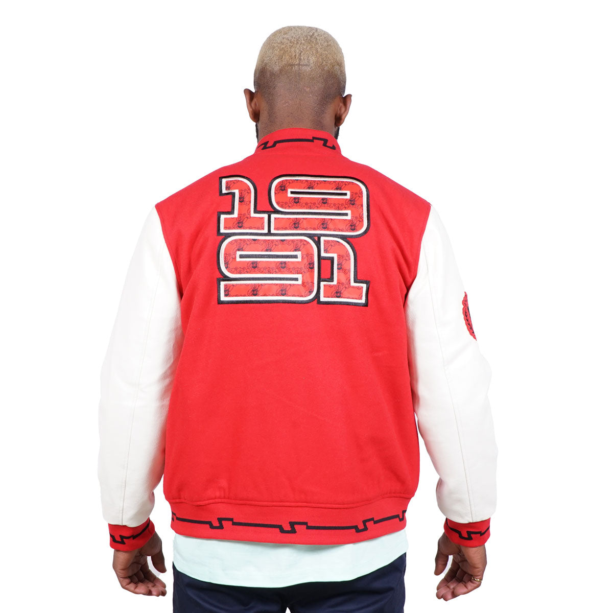 Red variant of the baseball jacket showing the 1991 design stitched into the back